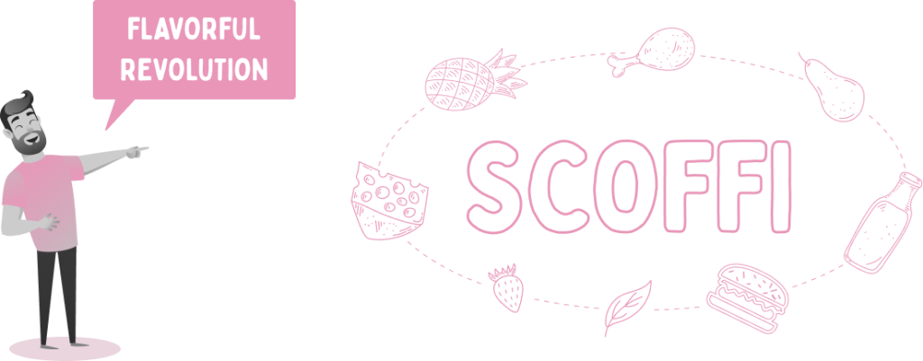 Pink outlined text SCOFFI